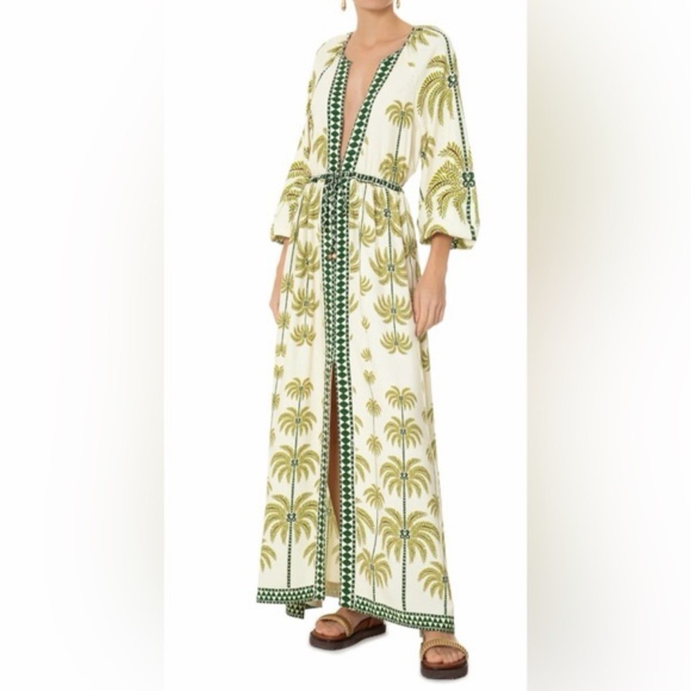 FARM Rio Cream Maxi Dress with Olive Palm Motif and Green Trim
